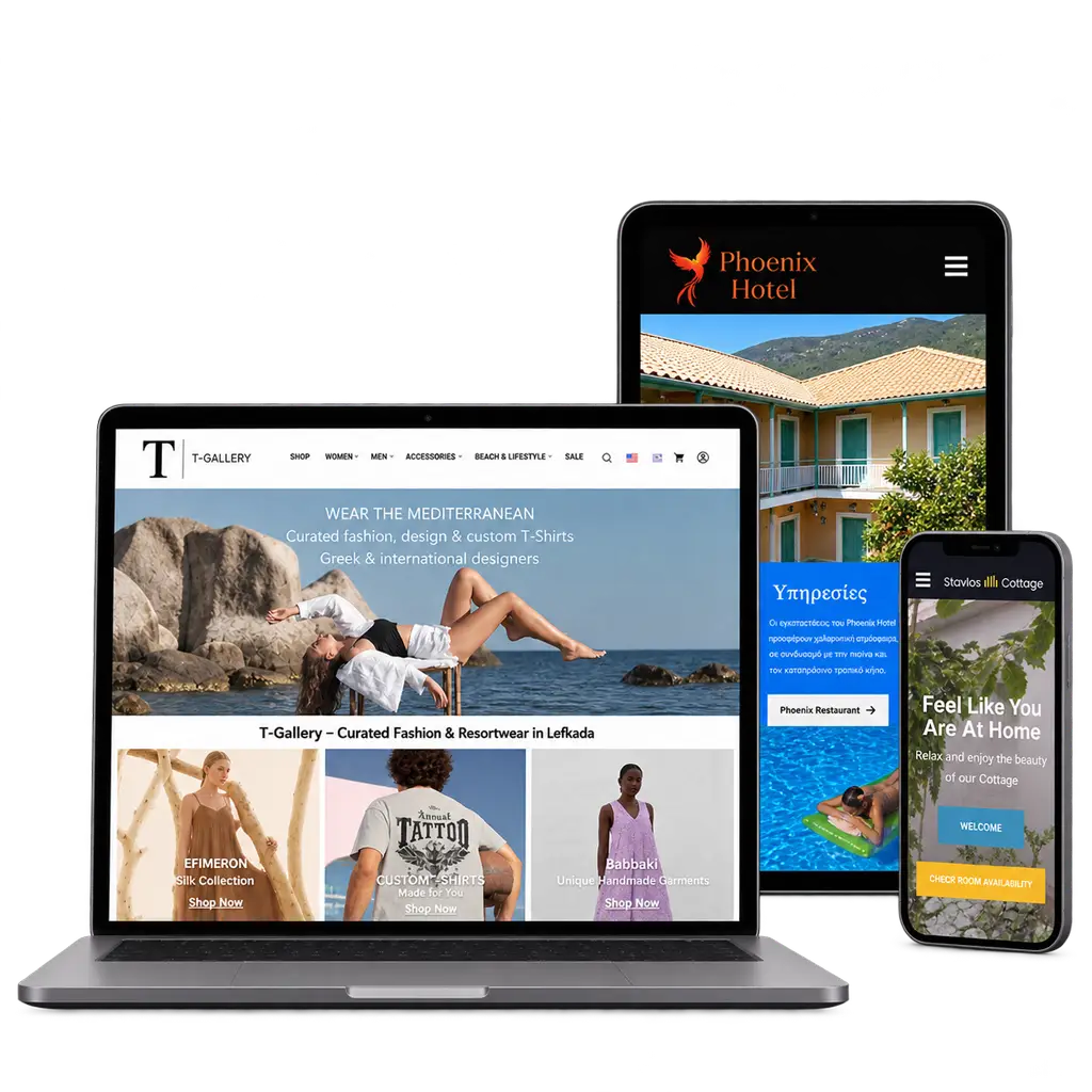 T-Gallery, Phoenix Hotel and Stavlos Cottage websites displayed on a laptop, tablet and smartphone