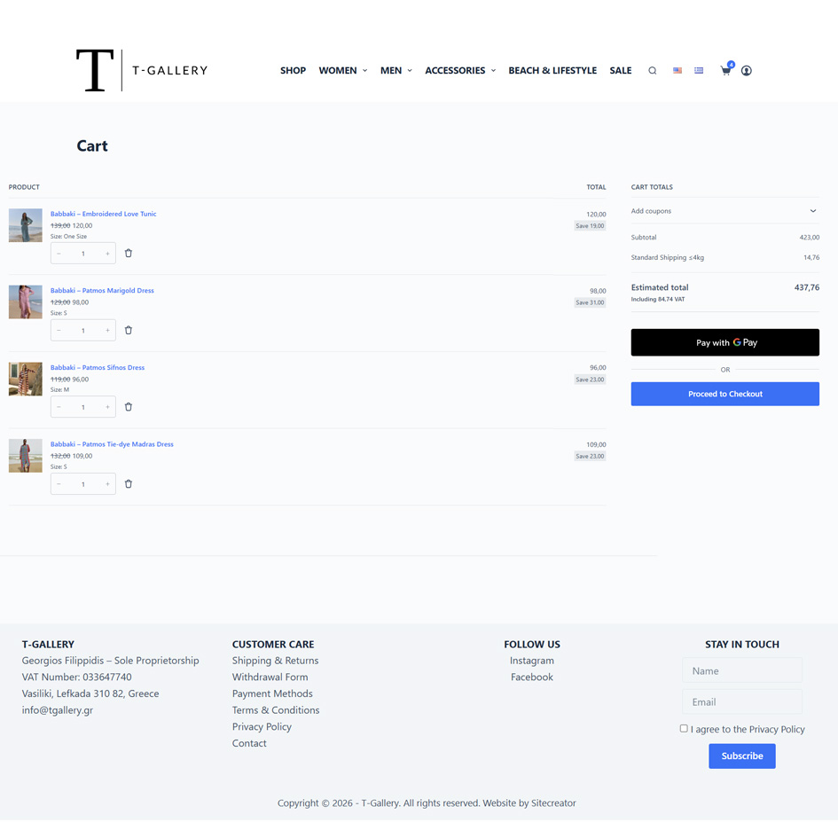 T-Gallery shopping cart with products, discounts, shipping costs and online payment