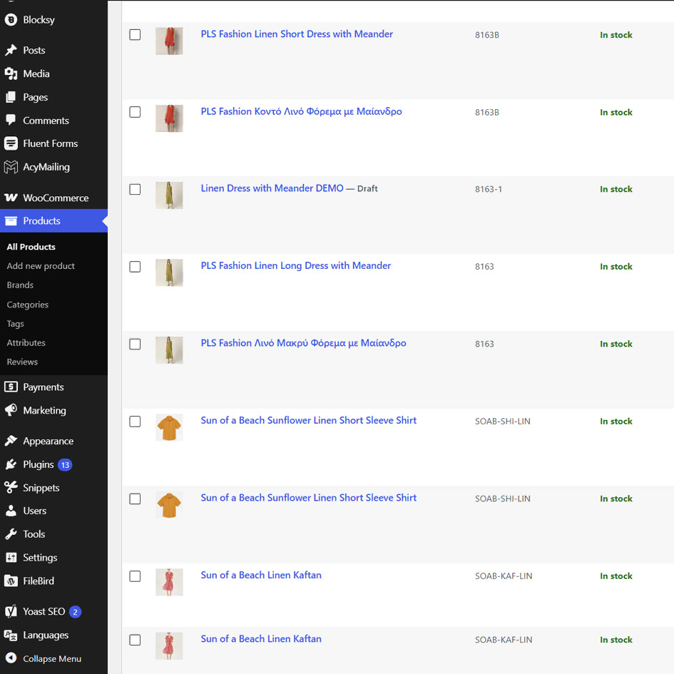 T-Gallery WooCommerce product management with Greek and English product listings